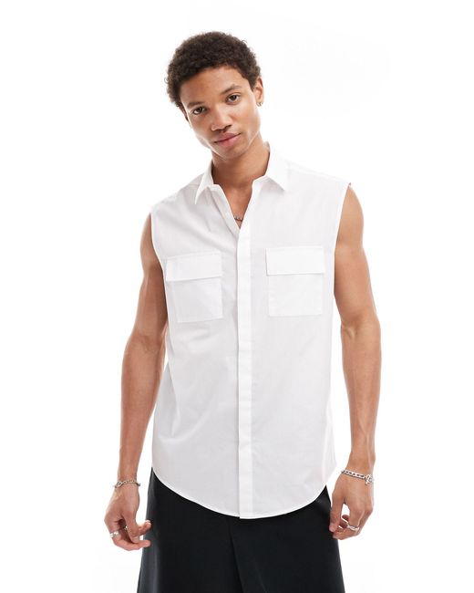 ASOS White Sleeveless Poplin Shirt With Pockets for men