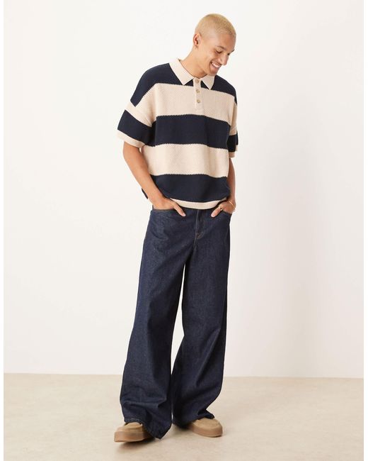 ASOS – strukturiertes oversize-polohemd aus strick mit en streifen in Blue für Herren