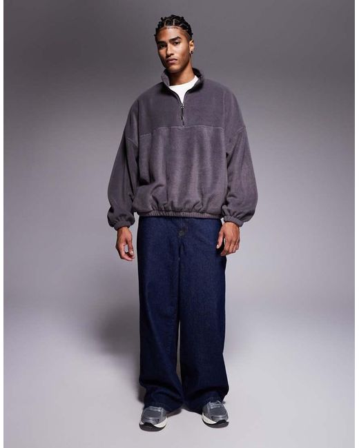 ASOS Gray Relaxed Boxy Funnel Neck Quarter Zip Fleece Sweatshirt for men