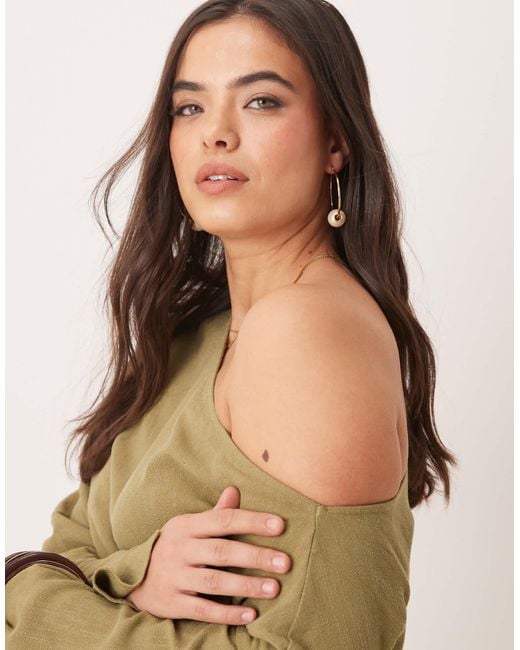 ASOS Natural Asos Design Curve Linen Asymmetric Fallen Shoulder Long Sleeve Midi Dress