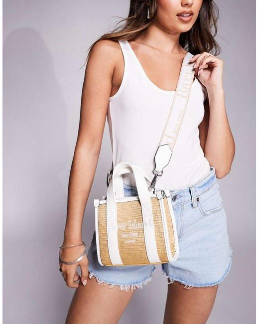 River Island White Raffia Mini Tote Bag