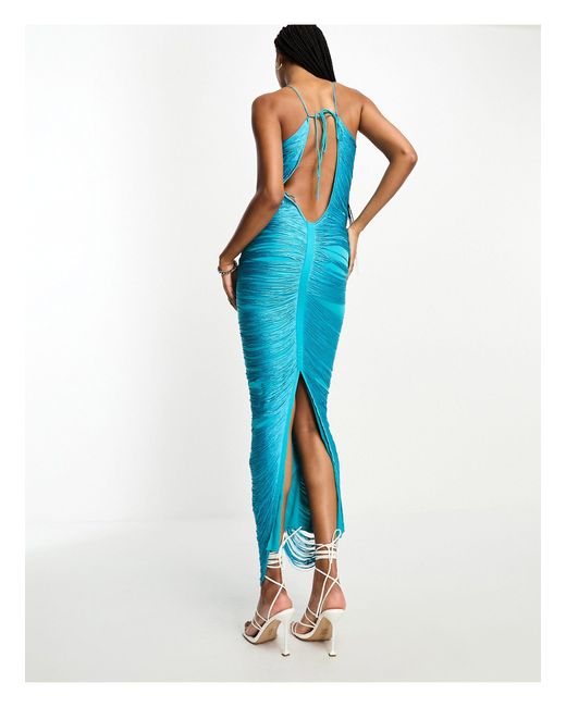 Asos design tall - robe longue effet drapé à dos nu et franges - sarcelle ASOS en coloris Blue