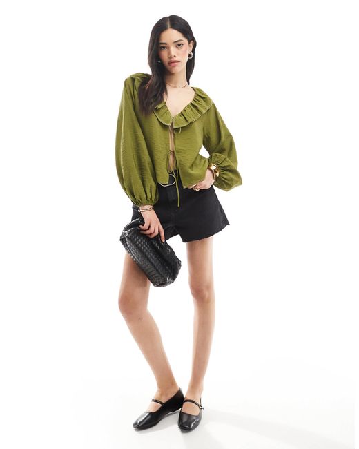 ASOS Green Tie Front Ruffle Detail Smock Top