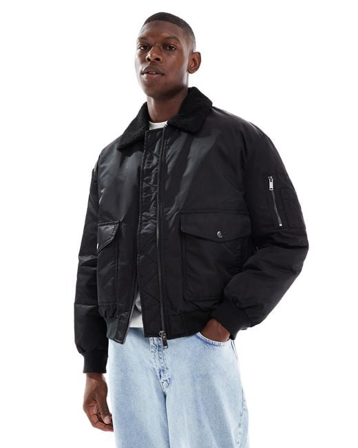 ASOS Men's Blue Oversized Bomber Jacket With Borg Fleece Collar
