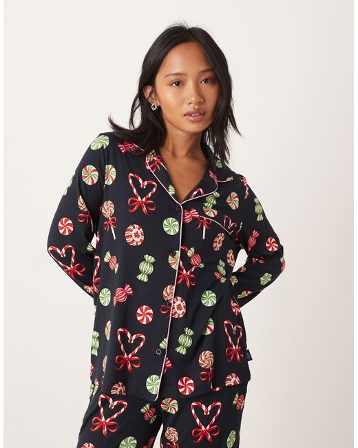 Chelsea Peers Black Poly Long Sleeve Revere Pyjama Set