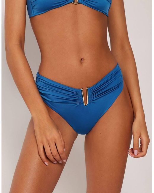 Calzedonia Blue Shiny Satin High-Waisted Bikini Bottoms