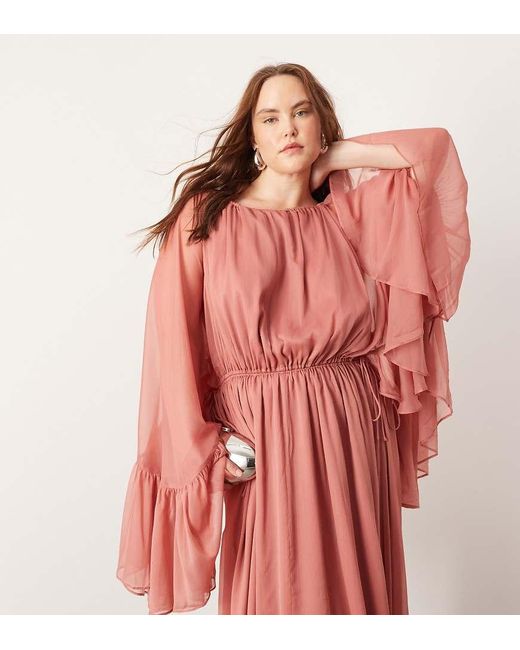 ASOS Red Curve Chiffon Extreme Sleeve Maxi Dress With Ruffle Back Detail