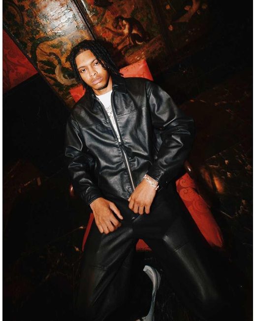 ASOS Black Premium Real Leather Crop Harrington Jacket for men