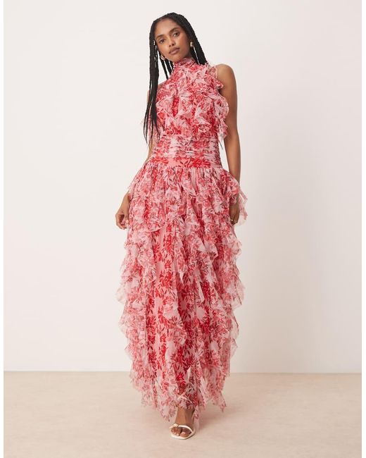 LACE & BEADS Pink Backless Ruffle Tulle Maxi Dress