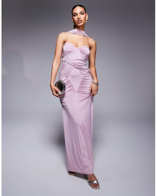 ASOS Purple Slinky Bandeau Ruched Maxi Dress With Neck Tie
