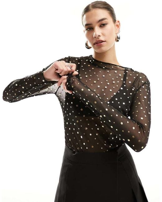 Noisy May Black Long Sleeve High Neck Mesh Top