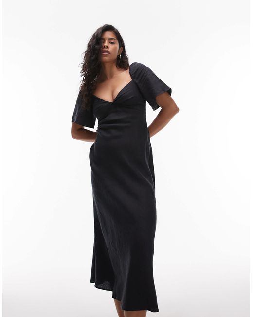 & Other Stories Black Linen Puff Sleeve Midaxi Dress With Twist Sweetheart Neckline
