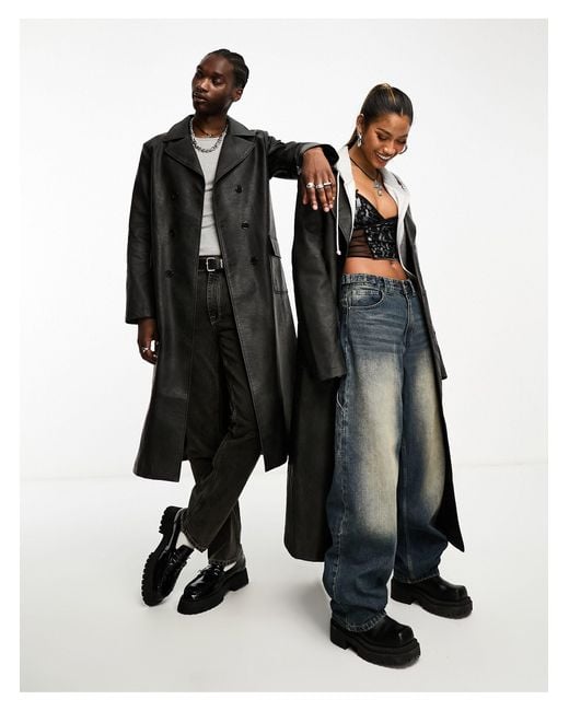 Reclaimed (vintage) Black Unisex Faux Leather Look Longline Trench Coat