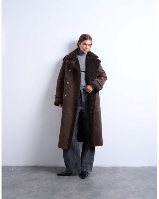 TOPSHOP White Longline Aviator Jacket With Faux Shearling