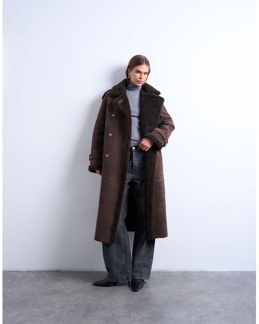 TOPSHOP White Longline Aviator Jacket With Faux Shearling