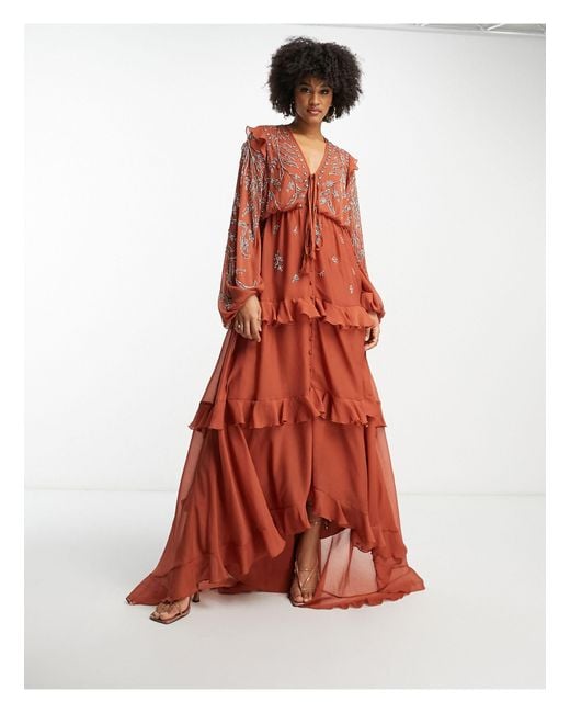 Asos design tall - robe mi-longue fluide boutonnée sur le devant à fleurs - rouille ASOS en coloris Red