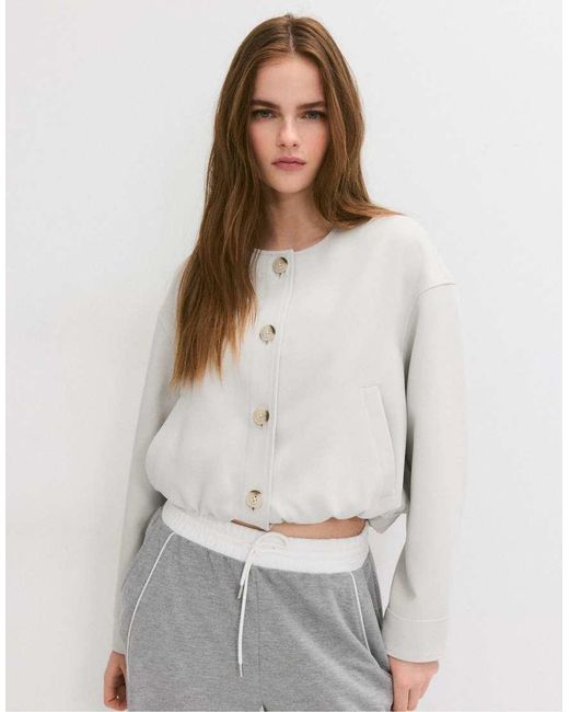 Stradivarius White Puff Sleeve Round Neck Jacket