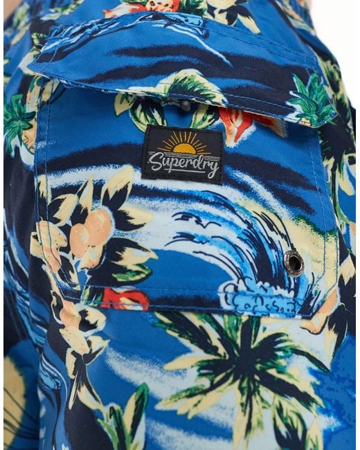 Superdry Blue Hawaiian Print 17-inch Swim Shorts for men