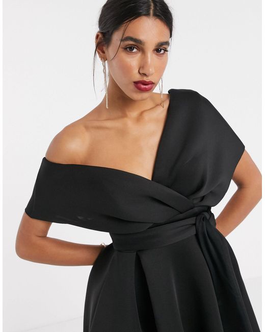 ASOS Fallen Shoulder Midi Prom Dress With Tie Detail in Black | Lyst  Australia