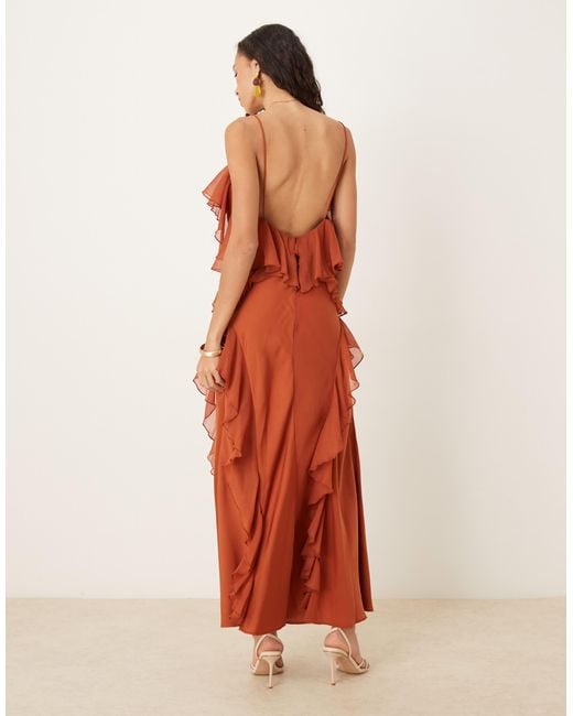 ASOS Brown Washed Satin Cami Maxi Dress With Chiffon Mix Ruffles And Full Hem