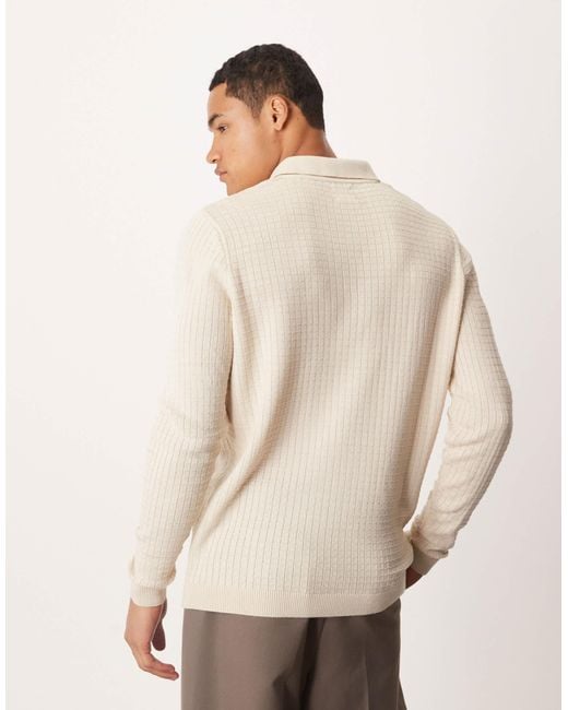 ASOS Natural Relaxed Knitted Textured Long Sleeve Polo for men