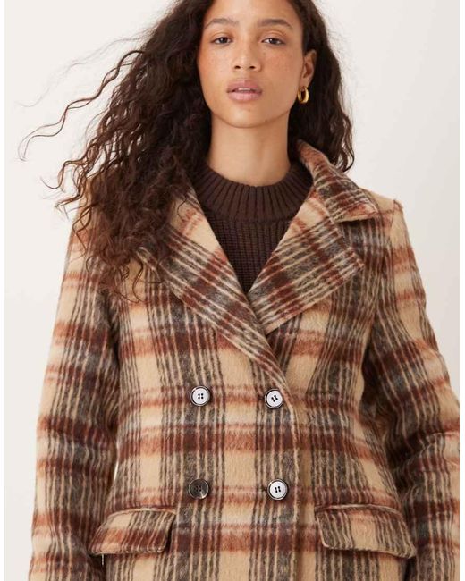 Brave Soul Brown Double Breasted Faux Wool Maxi Check Coat