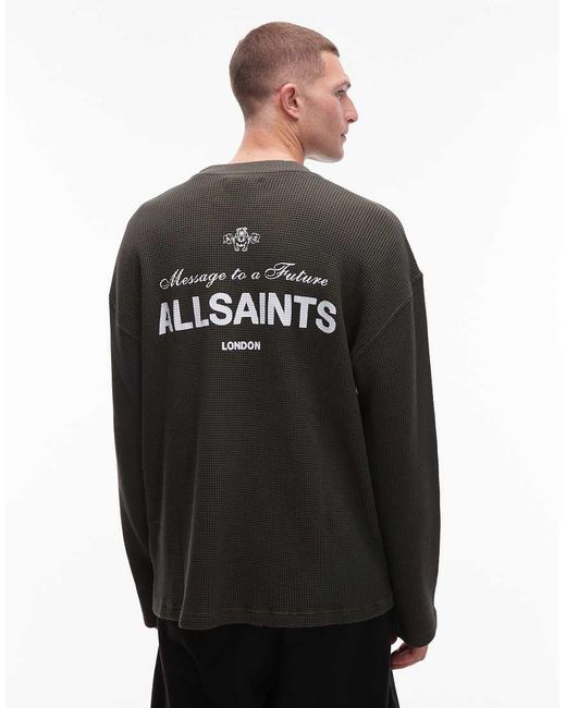 AllSaints Black Herald Long Sleeve Waffle T-Shirt for men