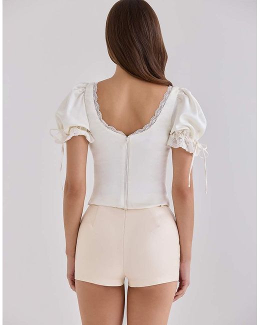 House Of Cb White Elisabetta Ivory Satin Puff Sleeve Lace Trim Top