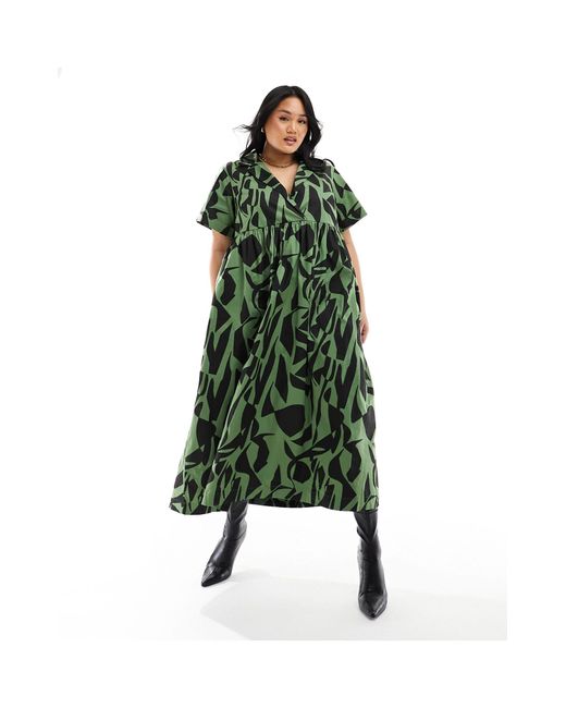 ASOS Green Asos Design Curve Smock Midi Shirt Dress With Revere Collar