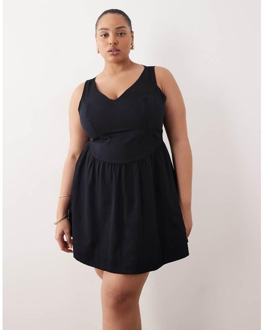 ASOS Black Asos Design Curve Waisted V Neck Mini Sundress With Seaming Details