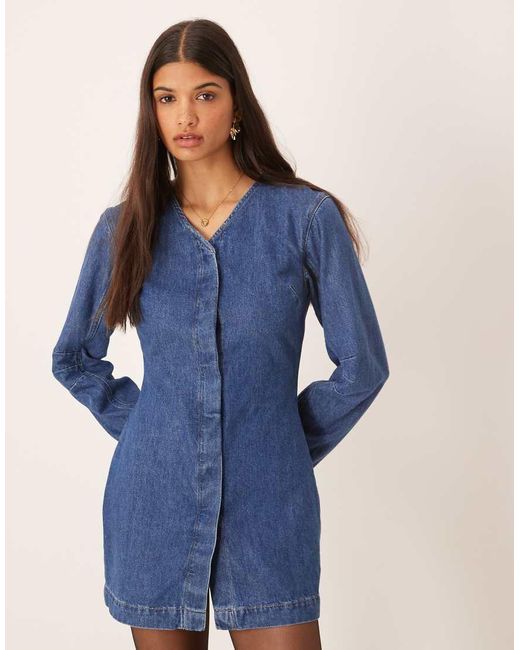 ASOS Blue Denim High V Neck Mini Dress With Cocoon Sleeve
