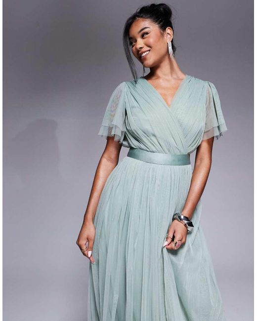 ANAYA Blue Faux Wrap Short Sleeve Bridesmaid Maxi Dress