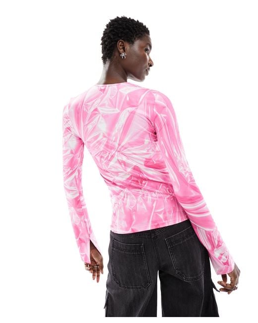 Monki Pink Long Sleeve Abstract Print Top