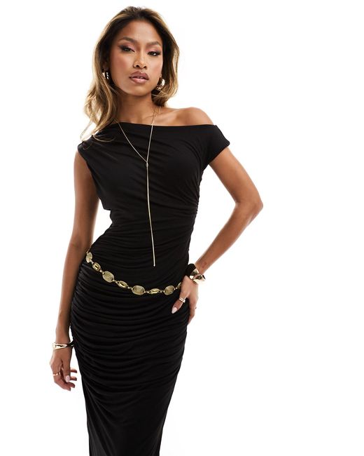 Naked Wardrobe Black Double Layered Sculpted Off Shoulder Ruched Maxi Dress