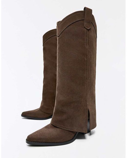 Bershka Brown Cowboy Trouser Boots