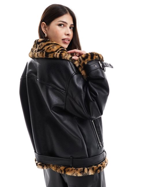 Miss Selfridge Black – pilotenjacke aus kunstleder mit kunstpelzbesatz mit leopardenmuster