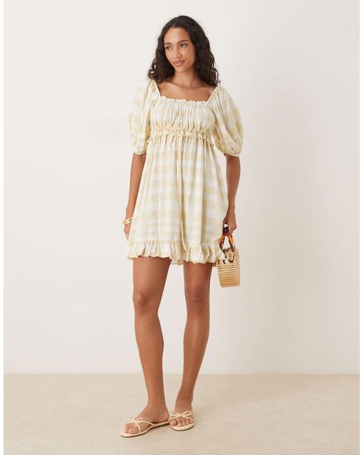 Robe babydoll courte à carreaux avec manches bouffantes et encolure carrée - jaune ASOS en coloris Natural