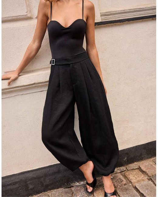Stradivarius Black Petite Sarouel Trousers With Buckle