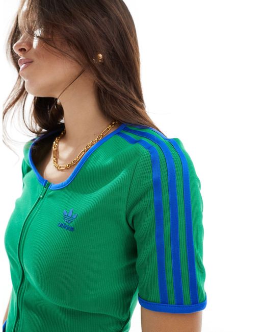Adidas Originals Blue Rib Zip Up Crop Top