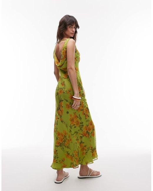 TOPSHOP Green Built Up Double Layered Cowl Neck Maxi Dress