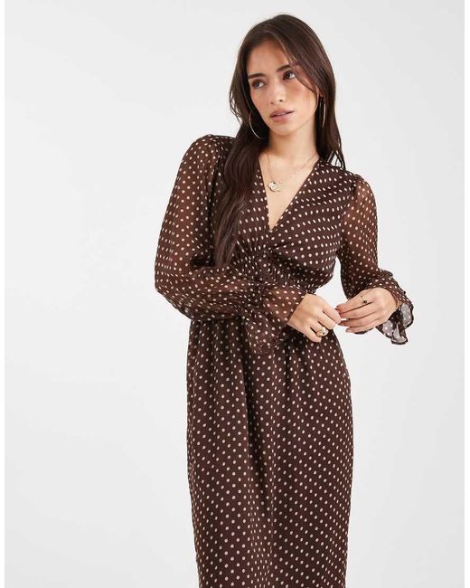 Wednesday's Girl Brown V Neck Midaxi Polka Dot Dress