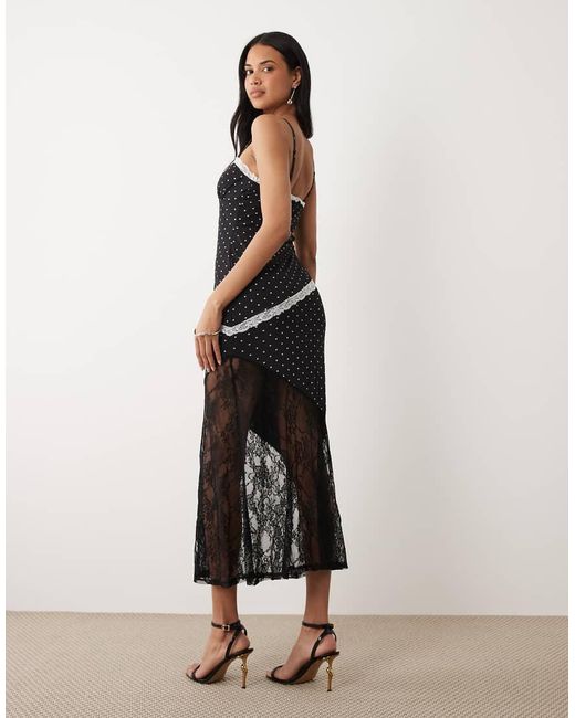 ASOS Black Polka Dot Print Mesh Midi Length Dress With Lace Panel Hem