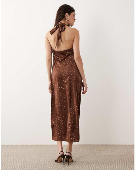 New Look Brown Polka Dot Cowl Neck Halter Satin Midi Dress