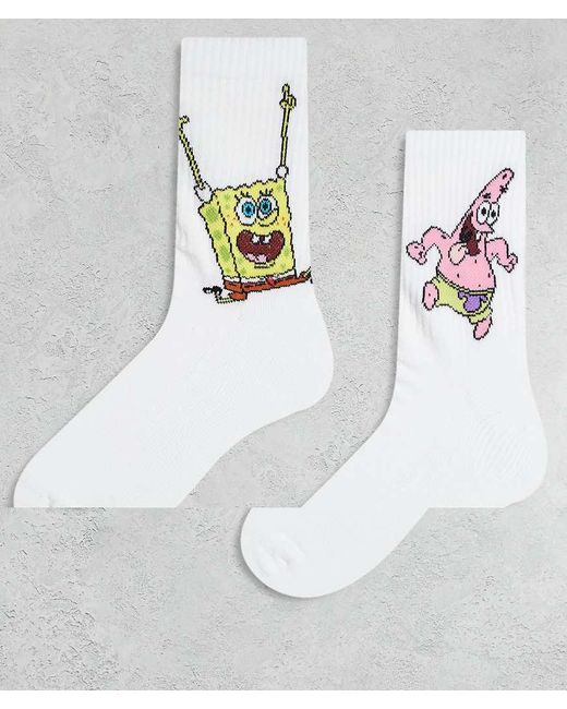 Confezione Da 2 Paia Di Calzini Bianchi Con Stampa Di Spongebob E Patrick di ASOS in White da Uomo