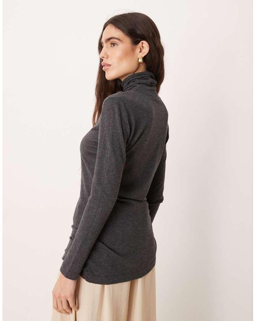 Mango Gray Roll Neck Ruched Side Knitted Top