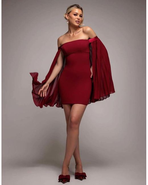 Goddiva Red Strapless Mini Dress With Pleated Chiffon Cape