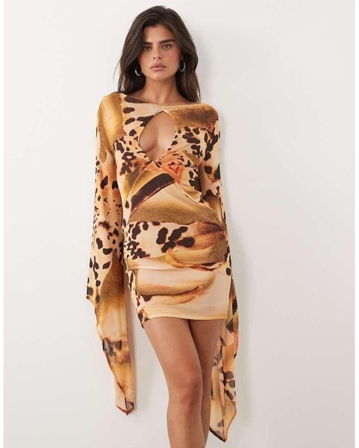 ASOS Natural Printed Mesh Cape Sleeve Mini Dress With Plunging Keyhole Detail