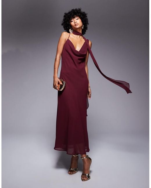 ASOS Purple Chiffon Cowl Maxi Dress With Scarf Detail