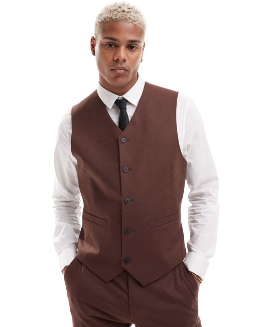 ASOS Brown Slim With Linen Suit Waistcoat for men