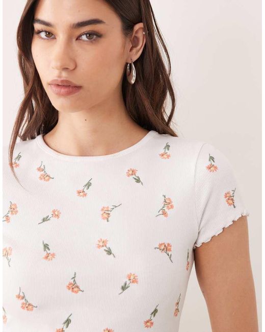 Miss Selfridge White Embroidered Short Sleeve Ribbed Lettuce Edge T-Shirt